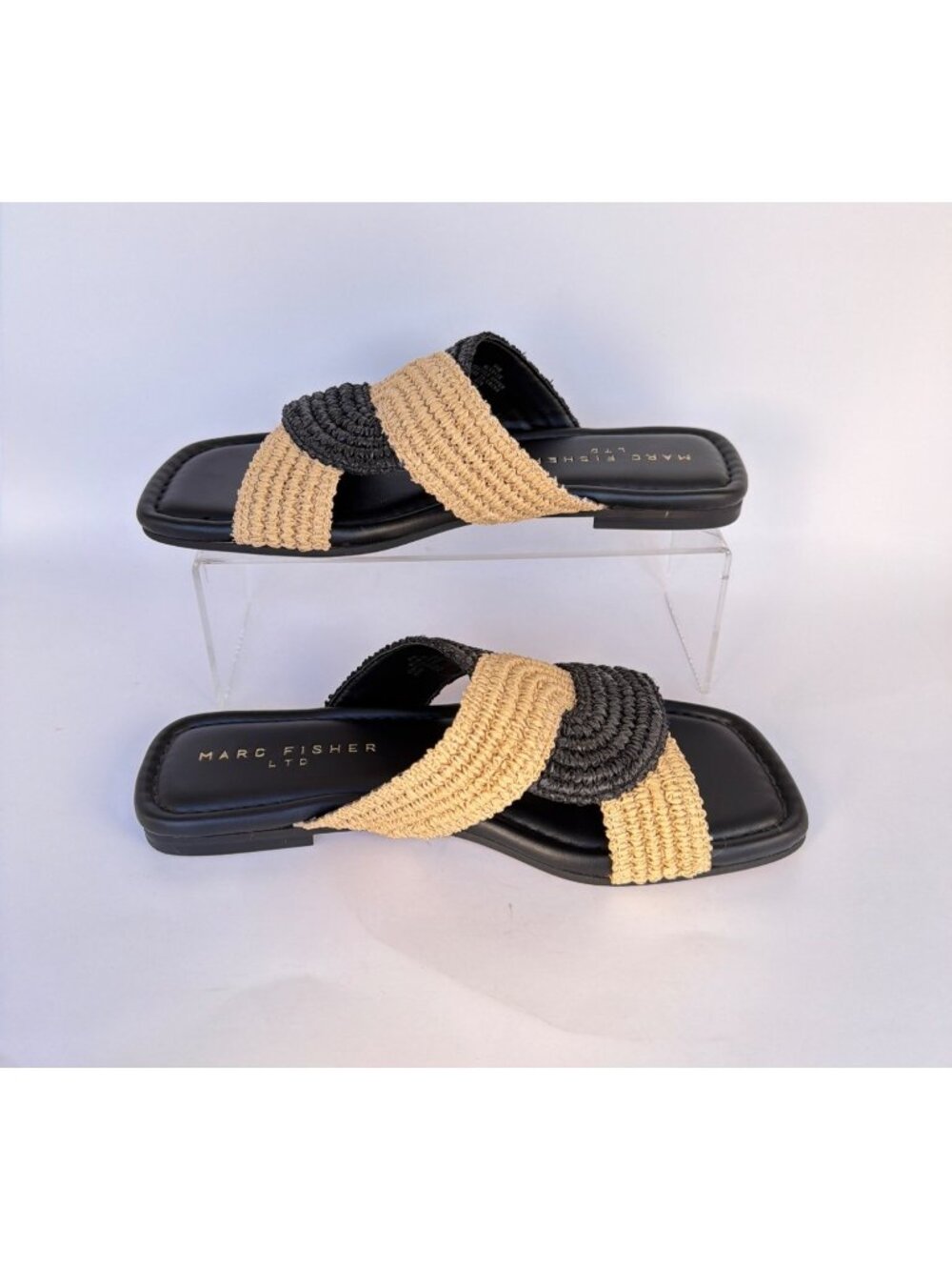 Marc Fisher Navie Slip-On Sandals Raffia Black Natural Slides Size 8.5 - Picture 3 of 12